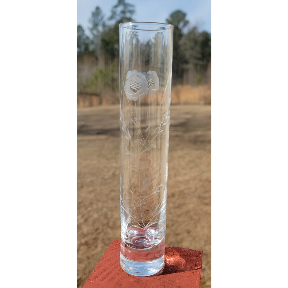 Vintage Clear Glass Etched Bud Vase Cylinder Tube 8” Heavy Base Floral Leaf